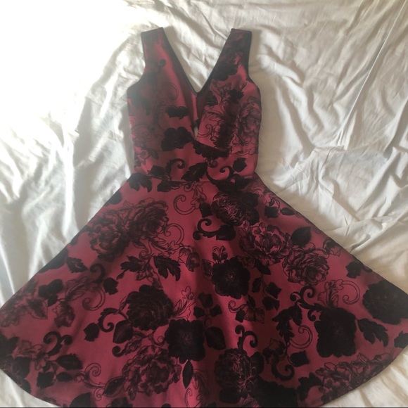 Windsor Deep V Fit and Flare Dress in Burgundy with velvet flowers - Picture 2 of 4